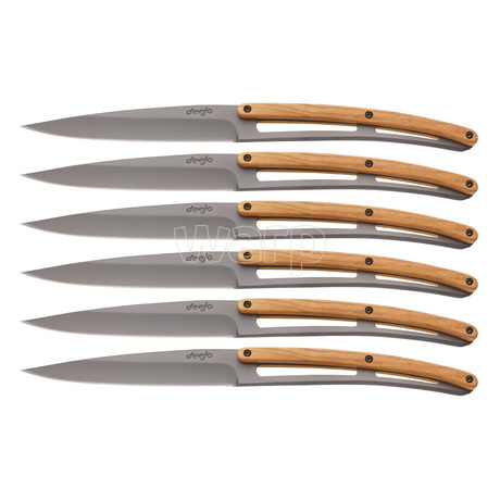 Deejo 2FB001 6 steak knives , titanium finish, olive wood handle