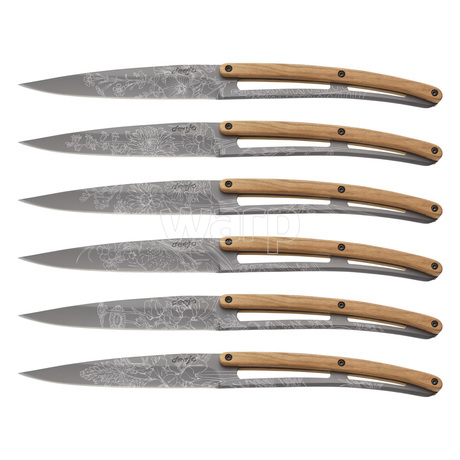 Deejo 2FB010 6 steak knives set Blossom , titan finish, olive wood handle